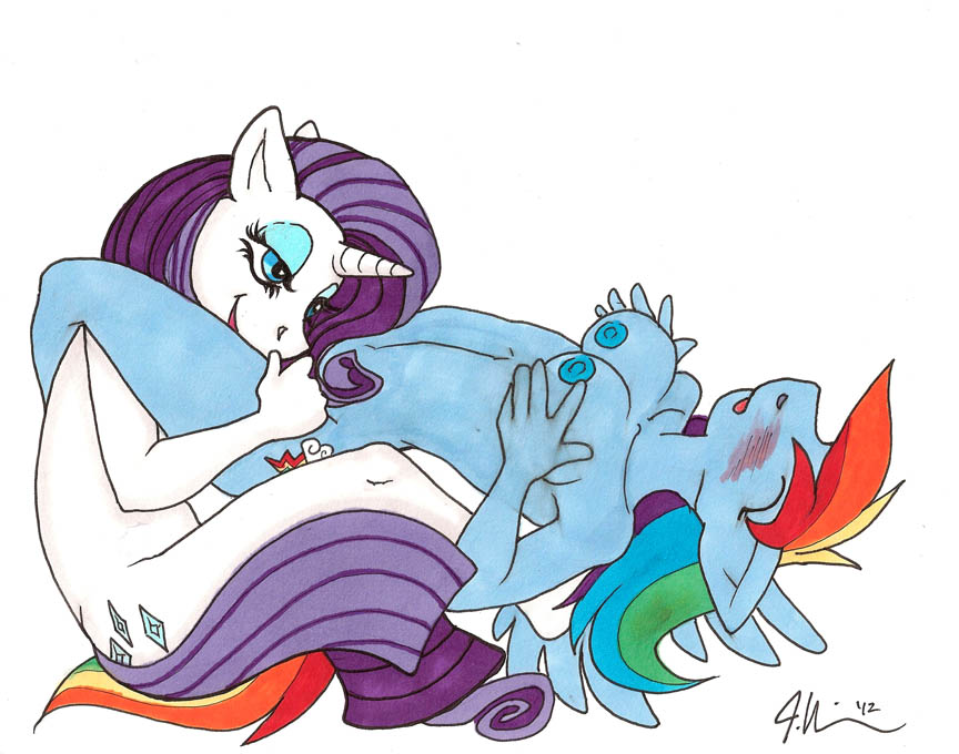 anthro anthrofied blue_eyes blue_fur blush breasts cutie_mark duo equine eyes_closed female friendship_is_magic fur hair horn horse lesbian mammal multi-colored_hair my_little_pony nipples nude open_mouth pegasus plain_background pony purple_hair rainbow_dash rainbow_dash_(mlp) rainbow_hair rarity rarity_(mlp) redrevolution smile unicorn white_background white_fur wings