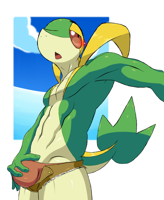 abs anthro belt biceps blush bulge clothed clothing cloud green_skin half-dressed makku male muscles nintendo open_mouth pecs pok&#233;mon pok&#233;morph pokemon pose red_eyes scales snivy solo speedo standing swimsuit thong topless video_games