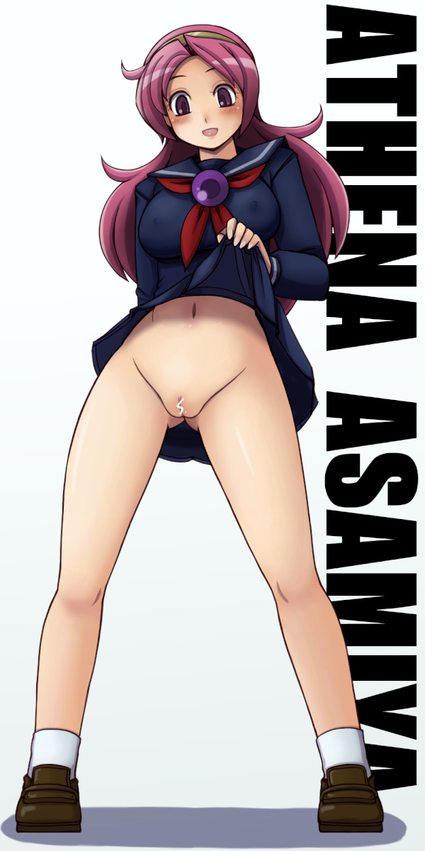 asamiya_athena blush breasts censored character_name covered_nipples hairband highres large_breasts navel no_panties open_mouth pink_hair purple_eyes pussy skirt skirt_lift smile solo standing the_king_of_fighters the_king_of_fighters_xii tsumitani_daisuke uniform