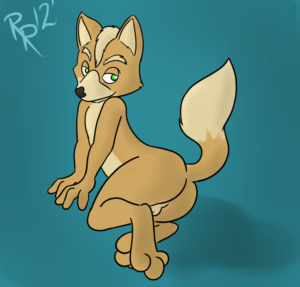 2012 anthro balls barefoot beige_hair black_nose brown_fur butt canine fox fox_mccloud fur green_eyes hair happy looking_away lying male mammal mohawk nintendo nude pose presenting presenting_hindquarters rotten_robbie shadow shiny smile solo star_fox teal_background video_games