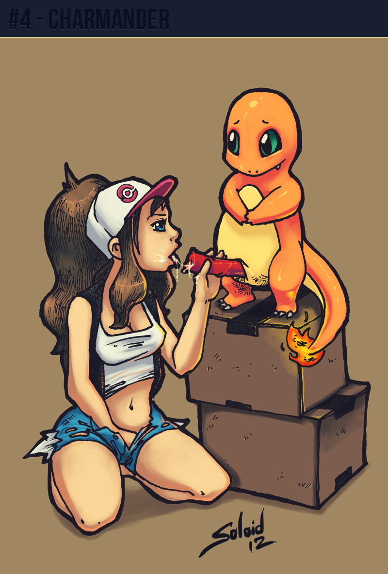 2012 blue_eyes box brown_background brown_hair charmander clothed clothing cum cum_in_mouth cum_inside duo erection female fire green_eyes hair handjob hat human interspecies kneeling male mammal masturbation nintendo nude open_mouth oral oral_sex penis plain_background pok&#233;mon pok&#233;mon_trainer pok&#233;philia pokemon red_body red_penis sex shorts size_difference soloid standing straight text video_games white