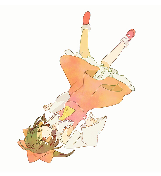 ascot bobby_socks bow detached_sleeves dress full_body hair_bow hakurei_reimu long_sleeves looking_at_viewer noise_(hakusen) red_bow red_dress shoes short_hair simple_background socks solo touhou upside-down white_background white_legwear