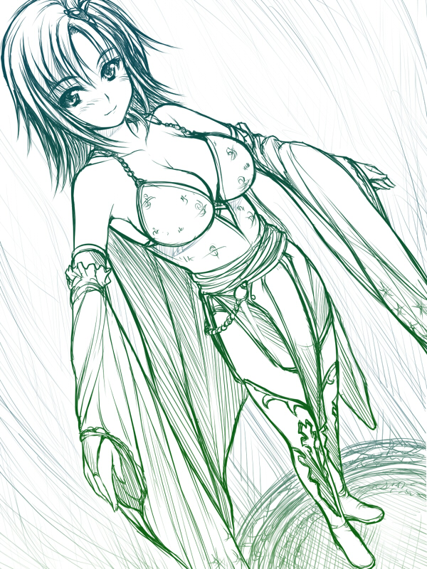 armpits bare_shoulders blush boots breasts bridal_gauntlets cleavage detached_sleeves dutch_angle final_fantasy final_fantasy_iv gloves large_breasts monochrome older rydia short_hair sketch skirt smile solo standing thigh_boots thighhighs uni8