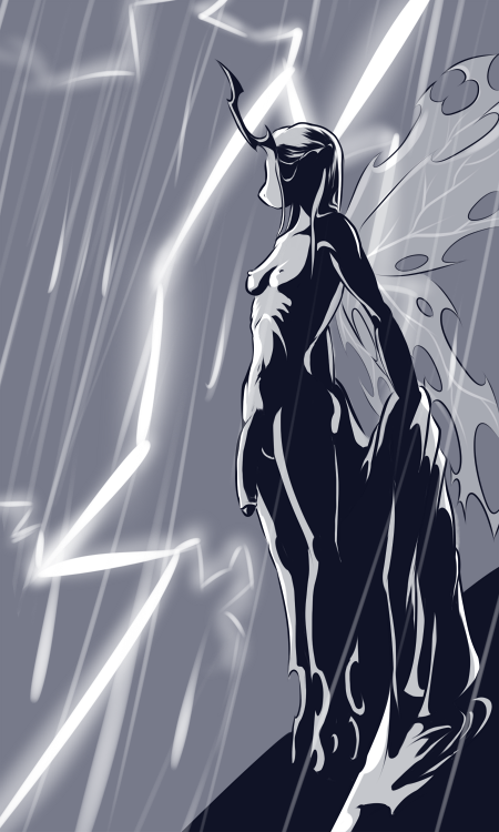 2011 anthro anthrofied breasts changeling dickgirl flaccid fluffins friendship_is_magic horn intersex lightning my_little_pony nipples penis queen_chrysalis_(mlp) rain silhouette small_breasts wings