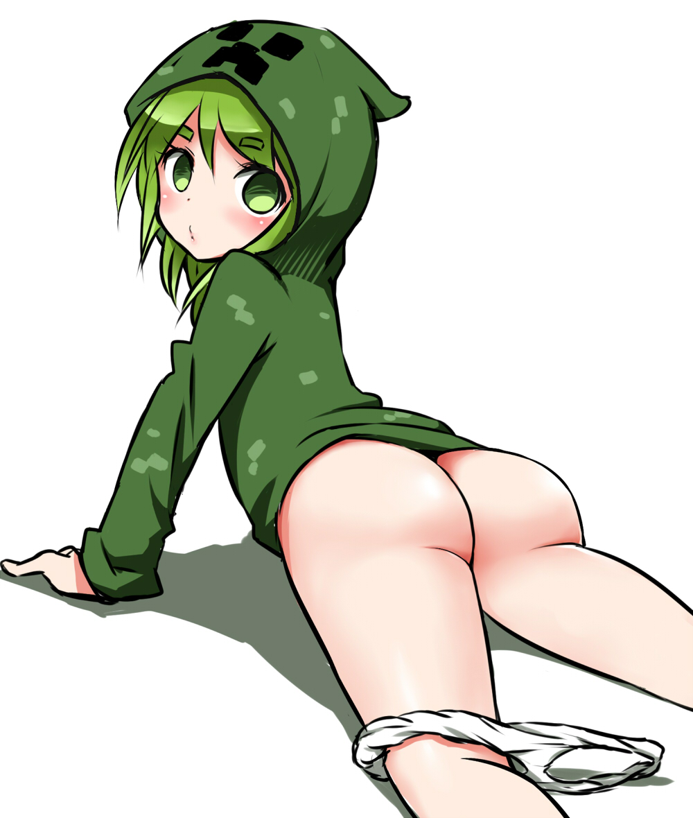 arm_support ass blush creeparka creeper from_behind green_eyes green_hair hood hoodie looking_at_viewer looking_back lying minecraft on_stomach panties panties_around_one_leg pout revision short_hair solo underwear white_background white_panties zaxwu