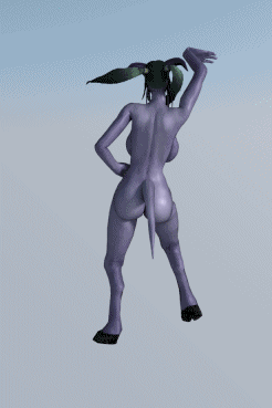big_breasts big_butt breasts butt cyan_eyes dancing draenei female glowing glowing_eyes green_hair grey_background grey_body grey_skin hair hands_up hooves horn huge_breasts leman navel nipples not_furry nude plain_background side_boob simple_background solo standing twintails video_games warcraft world_of_warcraft