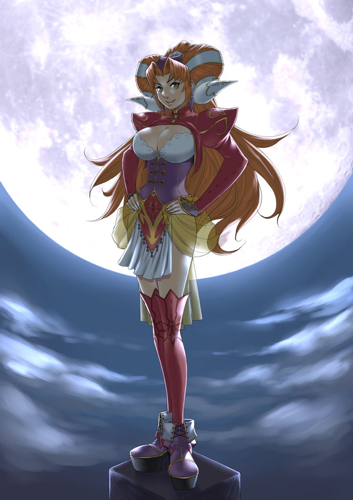 arcbuncle boots breasts cleavage cloud corset earrings full_moon grandia grandia_ii green_eyes hair_ornament hands_on_hips jewelry large_breasts long_hair millenia_(grandia) moon night night_sky orange_hair red_legwear see-through skirt sky smile solo standing thighhighs