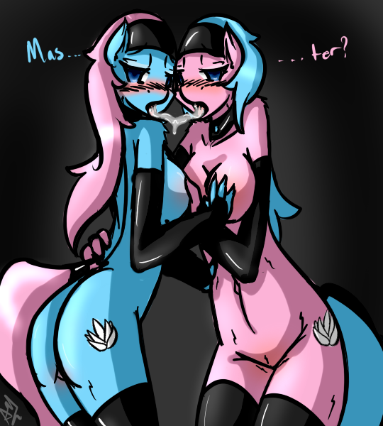 aloe aloe_(mlp) anthro anthrofied avante92 big_breasts blue_eyes blue_fur blue_hair blush breasts butt couple cutie_mark elbow_gloves english_text equine female friendship_is_magic fur gloves hair hair_band horse hug incest kissing legwear lesbian lotus lotus_(mlp) mammal my_little_pony navel nude pink_fur pony purple_hair pussy rubber saliva sibling stockings text tongue tongue_out twincest twins