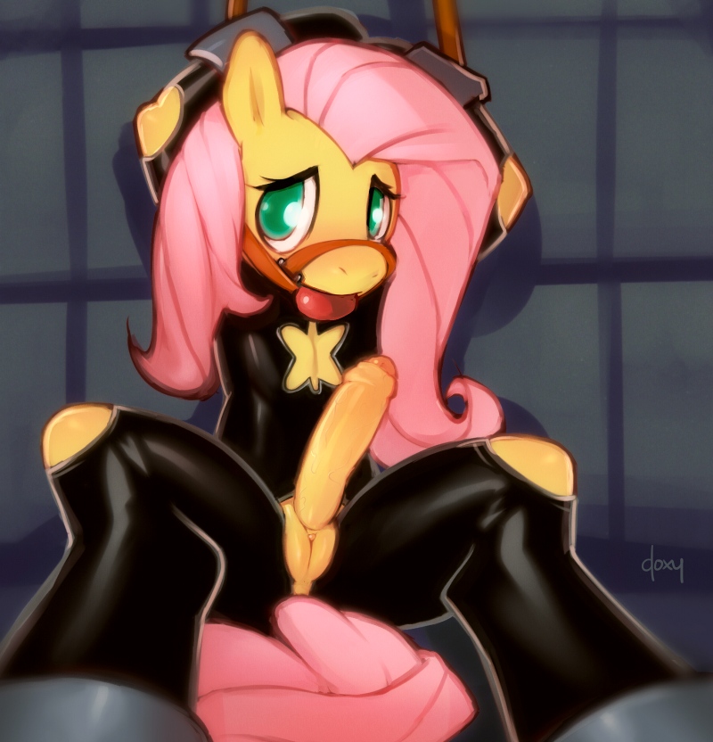 ball_gag bdsm bondage bound clothing doxy equine fluttershy fluttershy_(mlp) friendship_is_magic gag green_eyes hair herm horse intersex long_hair mammal my_little_pony penis pink_hair pony pussy sitting skinsuit solo spreader_bar uncut