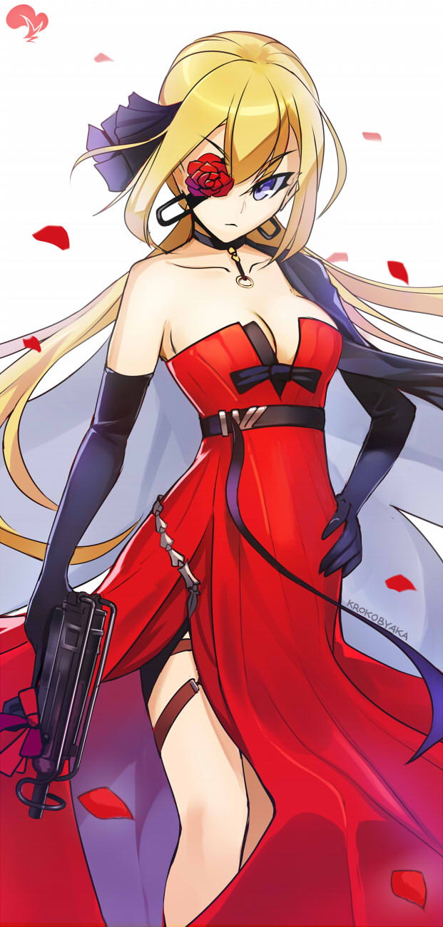 artist_name belt black_bow black_choker black_gloves blonde_hair blue_eyes bow breasts cape center_opening choker cleavage dress earrings elbow_gloves eyepatch flower girls_frontline gloves gun hair_ornament hand_on_hip highres holding holding_gun holding_weapon jewelry krokobyaka long_hair looking_at_viewer low_twintails red_dress red_flower red_rose rose side_slit single_bare_shoulder skorpion_vz._61 solo strapless strapless_dress submachine_gun twintails very_long_hair vz.61_(girls_frontline) weapon