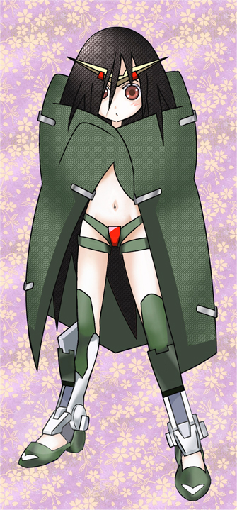 black_hair blanket brown_eyes gundam gundam_00 gundam_dynames komori_kiri long_hair mecha_musume midriff non-web_source parody reverie_(artist) sayonara_zetsubou_sensei solo