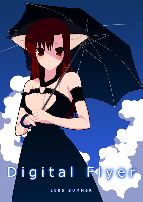 animal_ears artist_request cat_ears cloud copyright_request day dress red_eyes red_hair sky solo umbrella