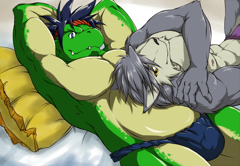 anthro bed biceps big_muscles bulge canine chinese_dragon clothed clothing dog dragon duo fundoshi gay green_dragon green_scales half-dressed husky kemono kouya_aotsuki looking_at_viewer lying male mammal morenatsu muscles on_back pecs pillow suruga tatsuki tatsuki_midoriya topless underwear