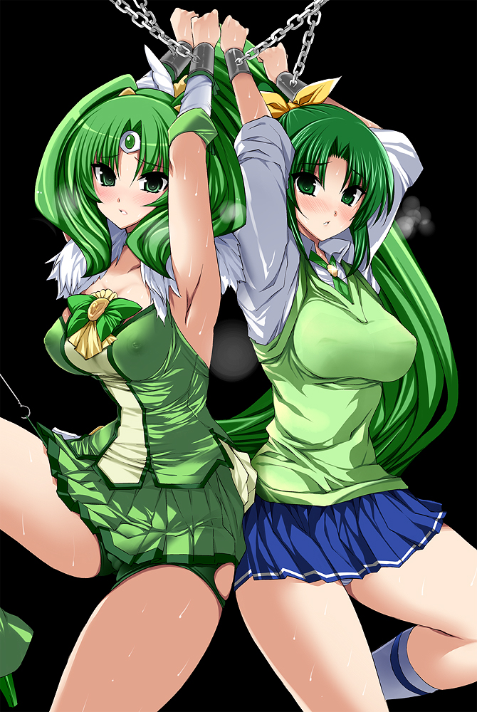 bad_id bad_pixiv_id bdsm blush bondage bound breasts chain covered_nipples cure_march dual_persona green green_eyes green_hair green_neckwear green_shorts green_skirt large_breasts long_hair magical_girl midorikawa_nao multiple_girls nanairogaoka_middle_school_uniform necktie panties ponytail precure revision school_uniform shinano_yura shorts shorts_under_skirt skirt sleeves_rolled_up smile_precure! sweater_vest tiara underwear