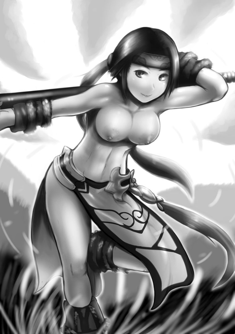 adunba_rell breasts grass greyscale headband large_breasts long_hair monochrome nipples pelvic_curtain polearm ponytail seong_mi-na side_slit smile soulcalibur topless vambraces very_long_hair weapon
