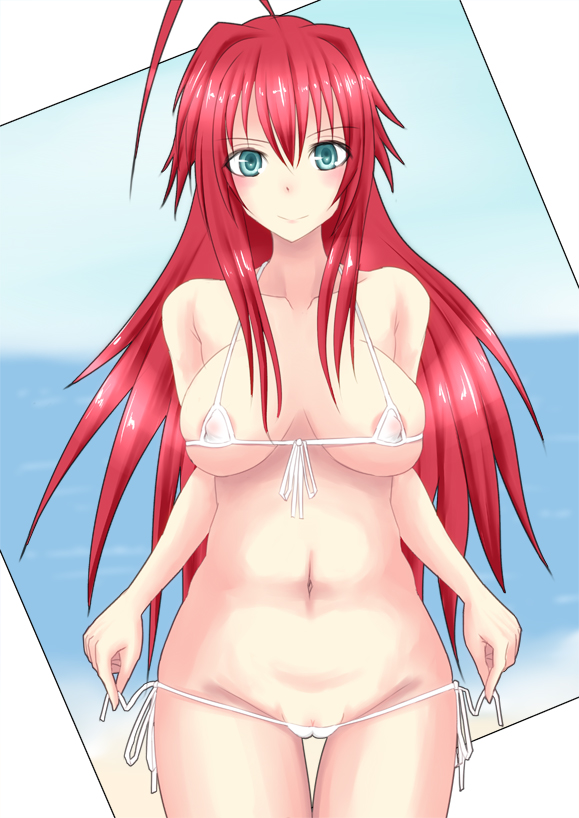 1girl blue_eyes bra breasts high_school_dxd large_breasts long_hair panties red_hair rias_gremory smile solo standing underwear