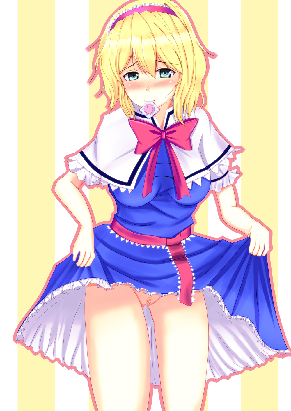 alice_margatroid bad_id bad_pixiv_id blonde_hair blush breasts condom condom_in_mouth dd139 dress dress_lift green_eyes hairband highres looking_at_viewer mouth_hold no_panties pubic_hair pussy solo touhou