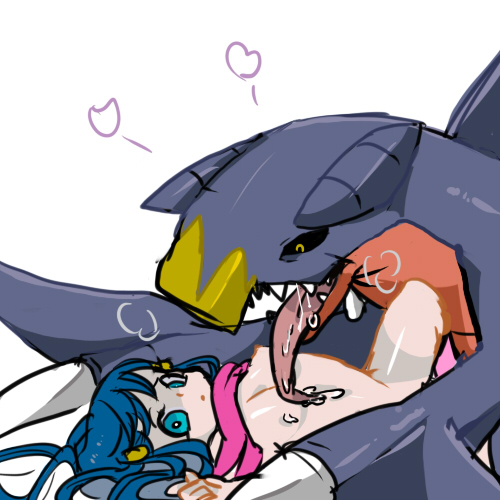 &lt;3 black_sclera blue_eyes breasts dawn dawn_(pok&#233;mon) drooling female feral garchomp human interspecies looking_at_viewer lying mammal nintendo on_back plain_background pok&#233;mon pok&#233;philia pokemon saliva size_difference tongue tongue_out tori video_games white_background yellow_eyes