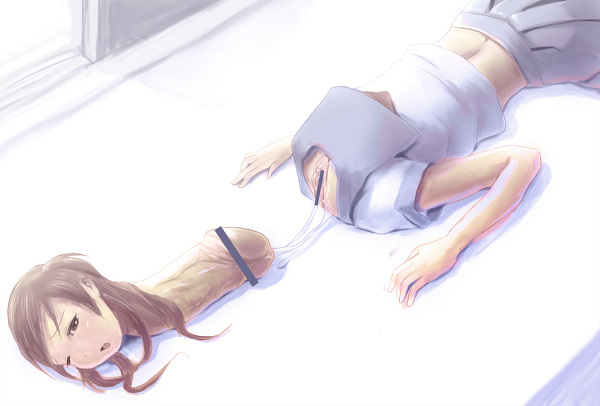 1girl borusen brown_eyes brown_hair censored huge_penis lying on_floor on_stomach open_mouth penis pussy pussy_juice pussy_juice_trail school_uniform severed_head skirt what wink