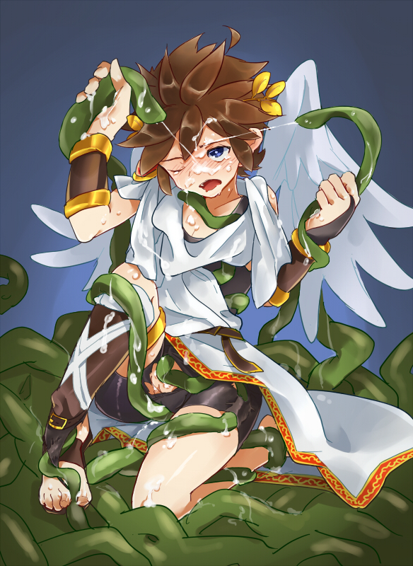 1boy between_toes blue_eyes blush clothed_sex cum feathered_wings kid_icarus kid_icarus_uprising male_focus nintendo orgasm pit pit_(kid_icarus) sex solo spandex tentacle tentacles_on_male toes wings
