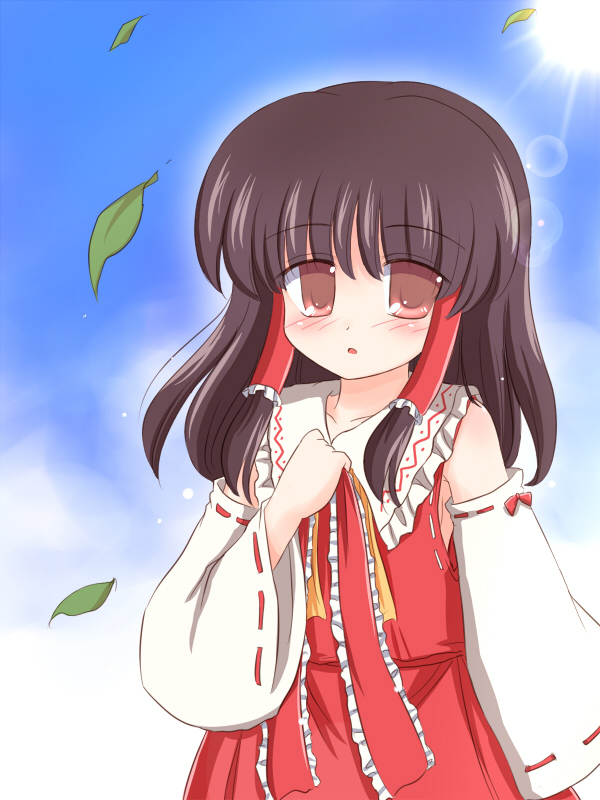 :o bangs blue_sky blush brown_eyes brown_hair day detached_sleeves hair_tubes hakurei_reimu leaf lens_flare looking_at_viewer no_pupils outdoors ry sky solo sun touhou