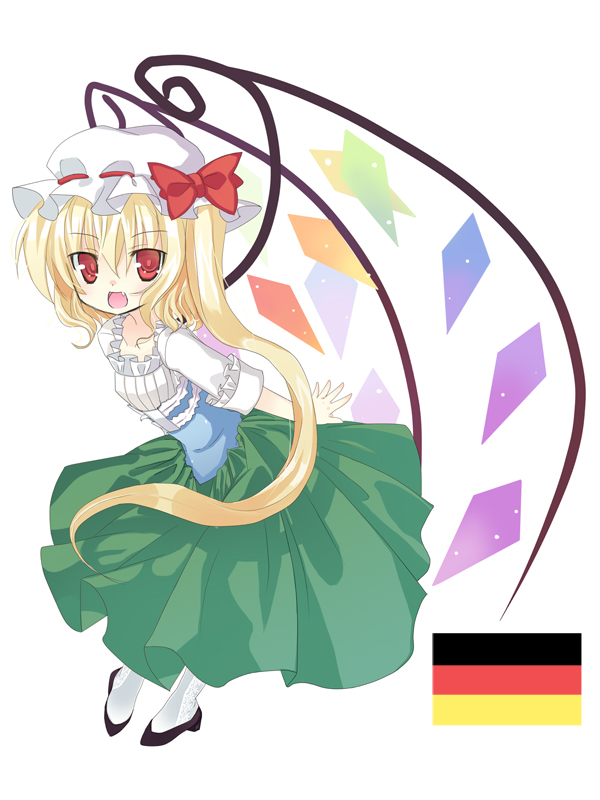 bad_id bad_pixiv_id blonde_hair flag flandre_scarlet hat omiso_(omiso) ponytail ribbon short_hair solo touhou wings