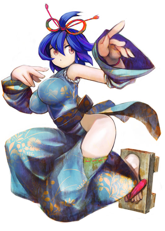 blue_hair clog_sandals detached_sleeves japanese_clothes kodama_yuuki one_knee original short_hair solo