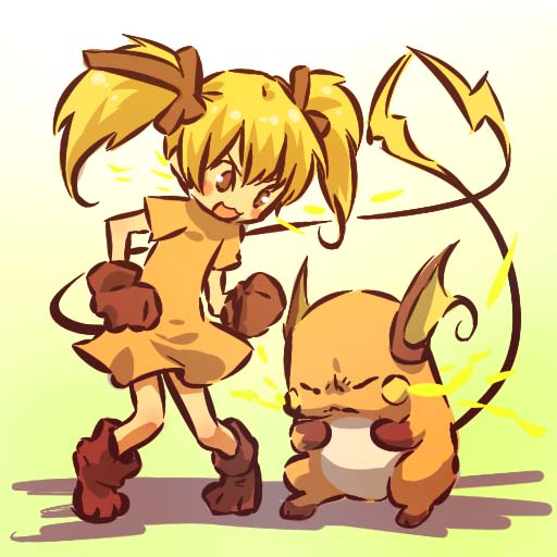 &gt;_&lt; :3 blonde_hair blush_stickers brown_eyes closed_eyes electricity gen_1_pokemon gloves hitec long_hair moemon open_mouth personification pokemon pokemon_(creature) raichu simple_background standing tail twintails v-shaped_eyebrows