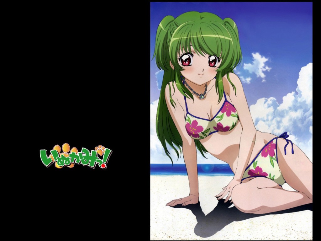 beach bikini blush cloud day floral_print green_hair inukami! jewelry long_hair necklace non-web_source red_eyes side-tie_bikini smile solo swimsuit two_side_up wallpaper water youko_(inukami)