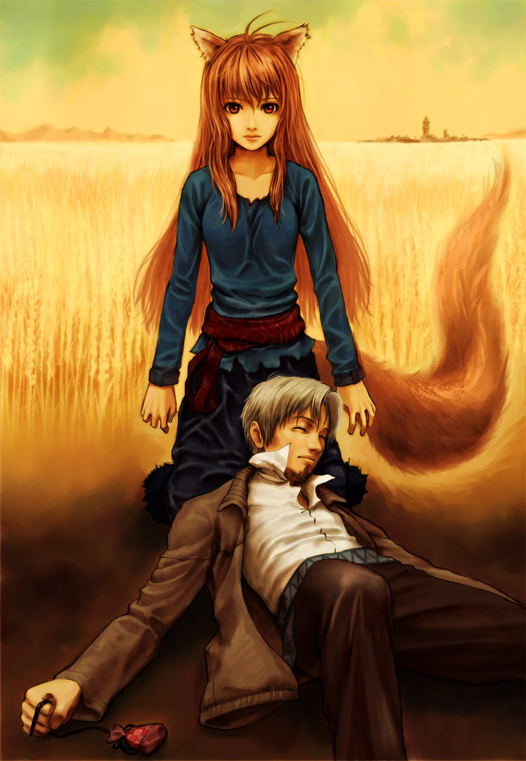 1girl animal_ears brown_hair closed_eyes craft_lawrence field holo jacket kneeling long_hair lying pouch red_eyes spice_and_wolf suiso_(oxygen2) tail wheat wolf_ears