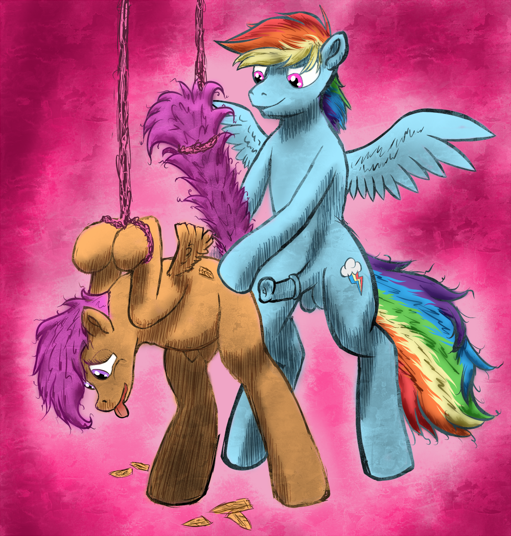 balls bdsm blue_feathers blue_fur bondage bound crossgender cub cutie_mark cutie_mark_crusaders duo equine female feral friendship_is_magic fur hair horse male mammal multi-colored_hair my_little_pony orange_feathers orange_fur pegasus penis pink_background plain_background pony purple_eyes purple_hair rainbow_dash rainbow_dash_(mlp) rainbow_hair rule_63 scootaloo scootaloo_(mlp) straight tongue tongue_out unknown_artist wings young zeroskunk