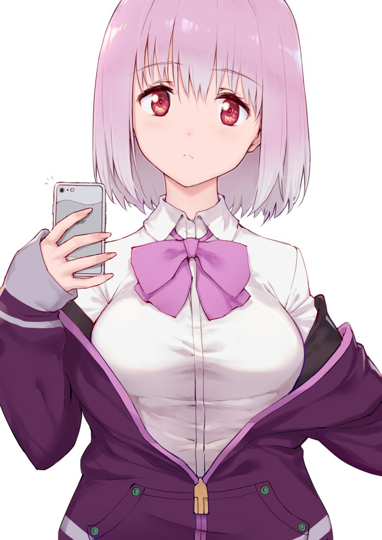 1girl bow breasts cellphone collared_shirt frown haoni jacket large_breasts lavender_hair looking_at_viewer off_shoulder phone purple_bow purple_jacket red_eyes self_shot shinjou_akane shirt sleeves_past_wrists smartphone ssss.gridman upper_body white_shirt zipper_pull_tab