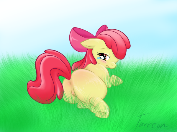 anus apple_bloom apple_bloom_(mlp) blush bow cub cutie_mark_crusaders equine female feral friendship_is_magic furreon grass hair horse looking_back mammal my_little_pony outside pony pussy red_hair solo tears young