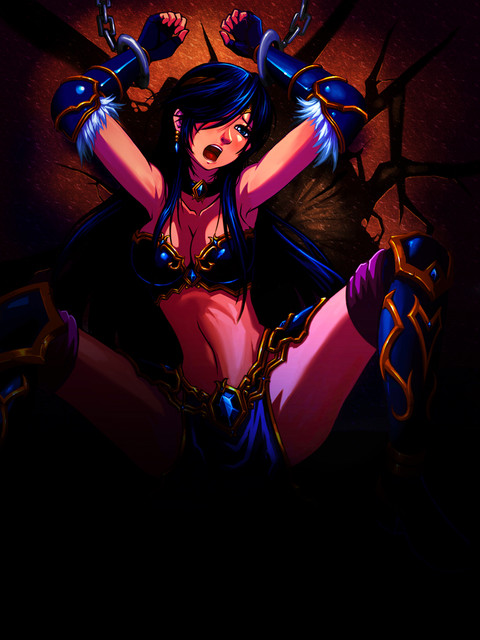 armor arms_up bdsm blue_eyes blue_hair bondage bound breasts bustier chain choker cleavage collarbone cuffs earrings fingerless_gloves gauntlets gloves hair_over_one_eye handcuffs jewelry league_of_legends leg_armor loincloth long_hair midriff missingfish open_mouth sivir solo
