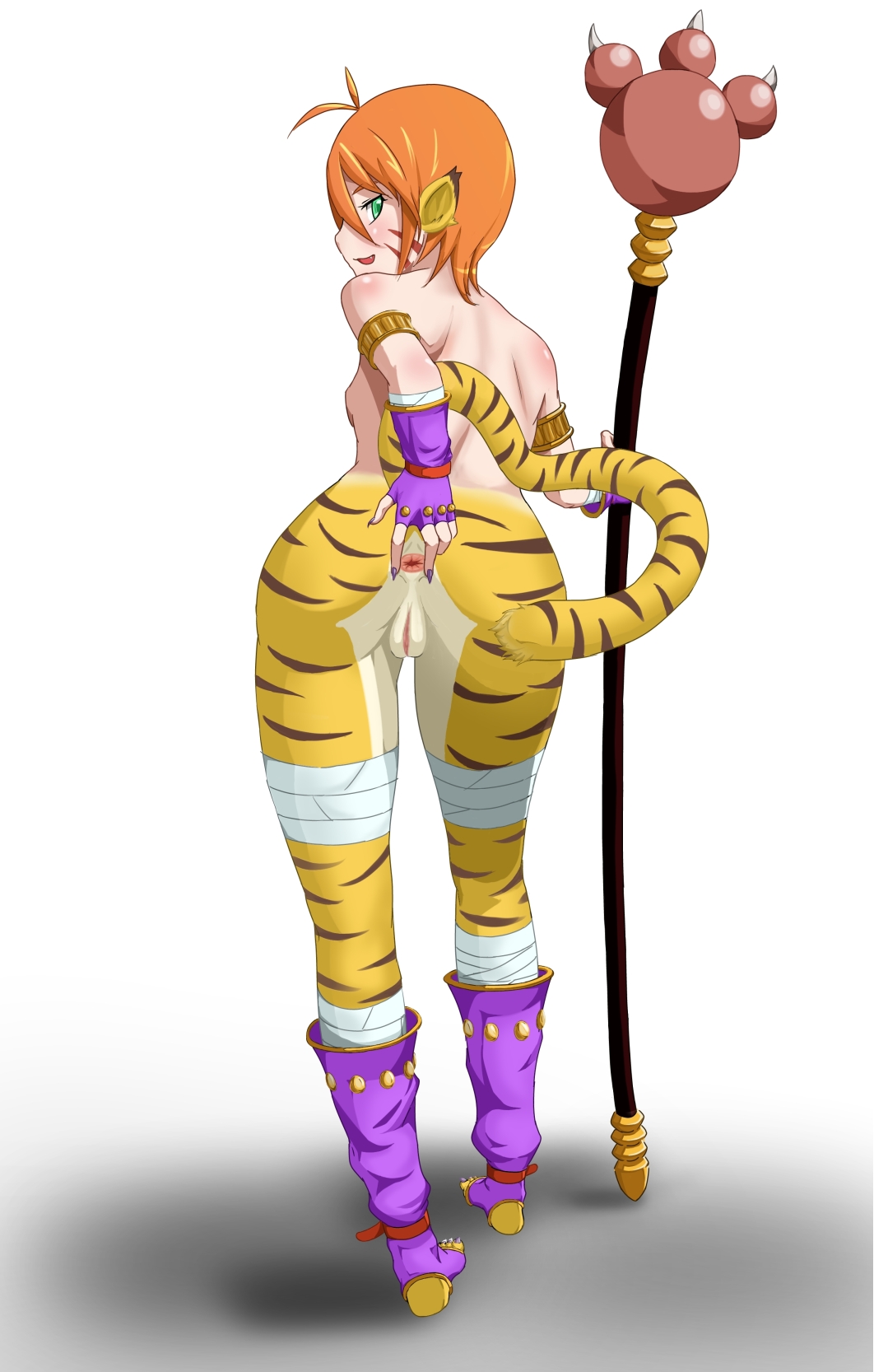 1girl animal_ears anus back bare_back blush breath_of_fire breath_of_fire_ii female green_eyes highres katt kevin.g.tuck legs monster_girl orange_hair pussy rinpoo_chuan solo spread_anus standing tiger_girl uncensored