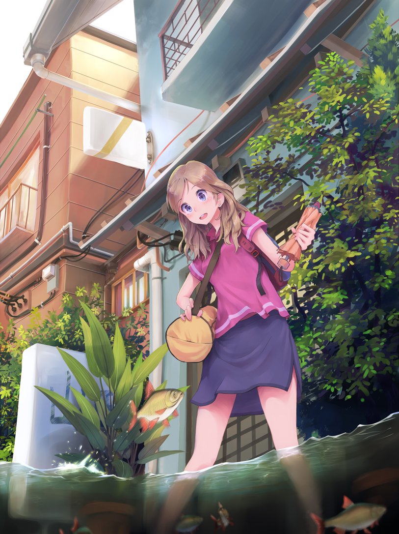 :d bag blue_eyes blush brown_hair building closed_umbrella efmoe fish flood holding long_hair open_mouth original outdoors partially_immersed skirt smile solo standing sunlight umbrella wading water window