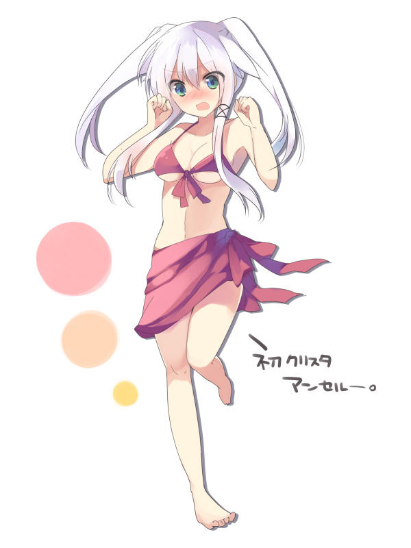 anceril_sacred arms_up bare_shoulders barefoot bikini blue_eyes blush breasts cleavage embarrassed eyebrows_visible_through_hair frown full_body jpeg_artifacts long_hair medium_breasts mishima_kurone no_nose nose_blush original pink_sarong sarong shirokami_project sleeveless solo standing standing_on_one_leg swimsuit white_hair