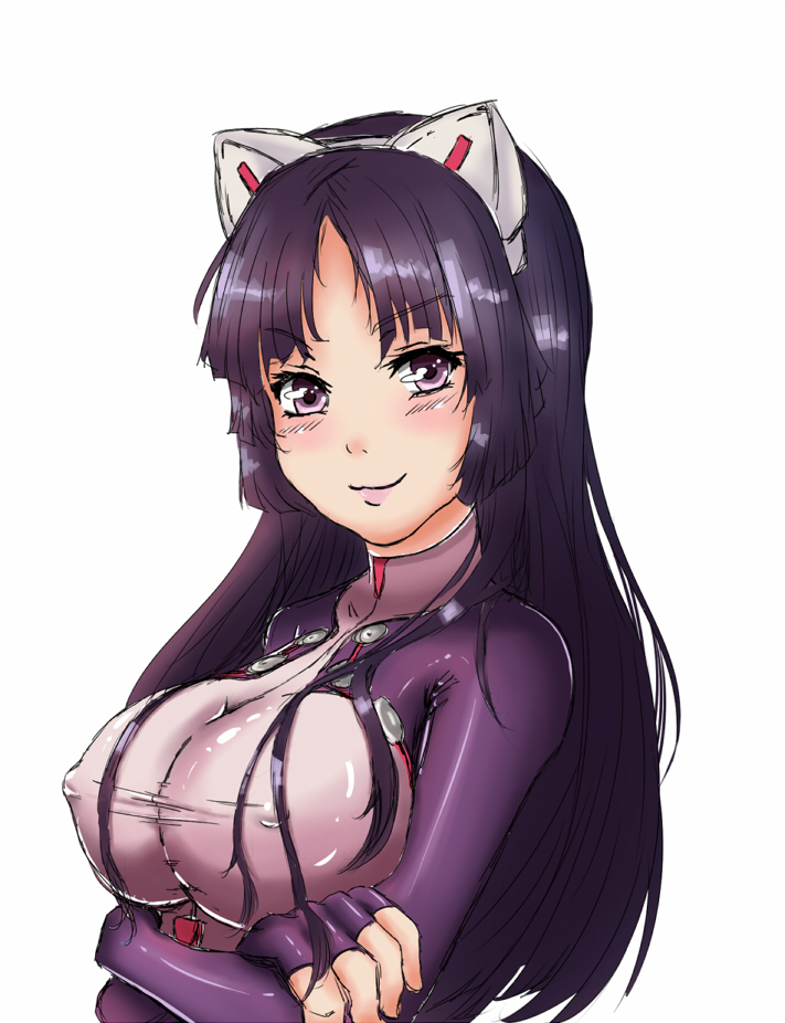 alternate_breast_size animal_ears blush bodysuit breasts cat_ears crossed_arms exp fingerless_gloves gloves guilty_crown large_breasts long_hair purple_bodysuit purple_eyes purple_hair shirt smile taut_clothes taut_shirt tsugumi_(guilty_crown) upper_body
