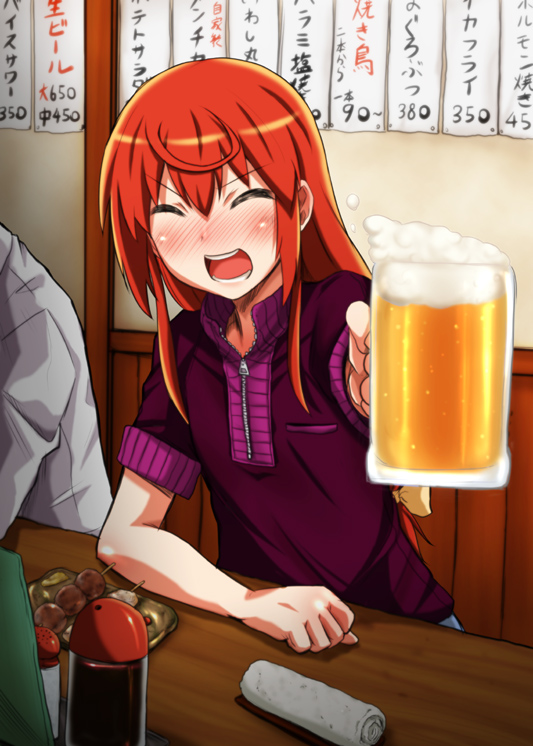 :d alcohol beer blush buratei_marii closed_eyes dango drunk food glass hirokawa_kouichirou holding joshiraku long_hair open_mouth red_hair smile v-shaped_eyebrows wagashi zipper