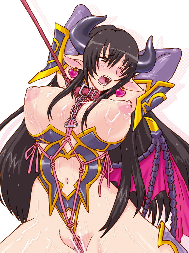 astaroth_(shinrabanshou) astaroth_(shinrabanshou)_(cosplay) bat_wings black_hair blush bra breasts brown_eyes censored collar cosplay cum cum_on_body cum_on_breasts cum_on_upper_body cupless_bra demon_girl demon_horns earrings elbow_gloves genshiken gloves heart heart_earrings horns huge_breasts jewelry leash long_hair mole mole_under_eye mole_under_mouth navel nipples oono_kanako open_mouth pointless_censoring pointy_ears puffy_nipples pussy shibari shinrabanshou solo underwear wince wings zero_hime