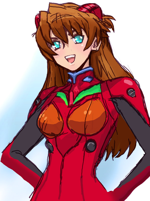 blue_eyes blush brown_hair evangelion:_2.0_you_can_(not)_advance hair_ornament hands_on_hips long_hair neon_genesis_evangelion open_mouth plugsuit rebuild_of_evangelion shikinami_asuka_langley smile solo souryuu_asuka_langley upper_body zero_hime