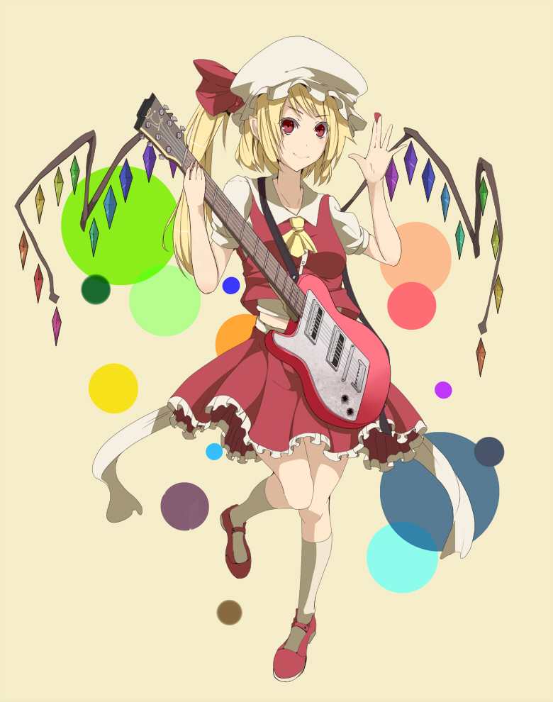 ascot blonde_hair electric_guitar flandre_scarlet guitar haseneko hat instrument left-handed looking_at_viewer mary_janes red_eyes shirt shoes short_sleeves side_ponytail skirt smile socks solo touhou waving wings