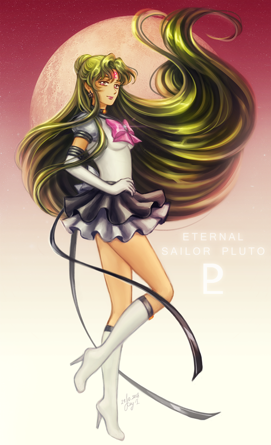 1girl back_bow bishoujo_senshi_sailor_moon black_neckwear black_ribbon black_sailor_collar black_skirt boots bow brooch character_name choker earrings elbow_gloves elena_ivlyushkina facial_mark forehead_mark full_body gloves gradient gradient_background green_hair grey_bow grey_skirt hair_bun hand_on_hip jewelry knee_boots layered_skirt light_smile long_hair looking_at_viewer meiou_setsuna object_namesake pink_bow pleated_skirt pluto_(planet) pluto_symbol puffy_sleeves red_background red_eyes ribbon sailor_collar sailor_pluto sailor_senshi_uniform skirt solo star star_choker star_earrings super_sailor_pluto_(stars) white_background white_footwear white_gloves