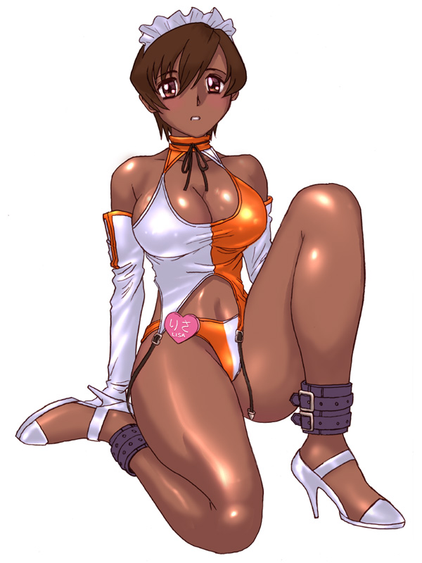 anklet blush breasts brown_eyes brown_hair cleavage dark_skin dead_or_alive detached_sleeves halterneck high_heels jewelry large_breasts lisa_hamilton maid_headdress race_queen shiny shiny_skin shoes short_hair sitting solo swimsuit very_dark_skin zero_hime