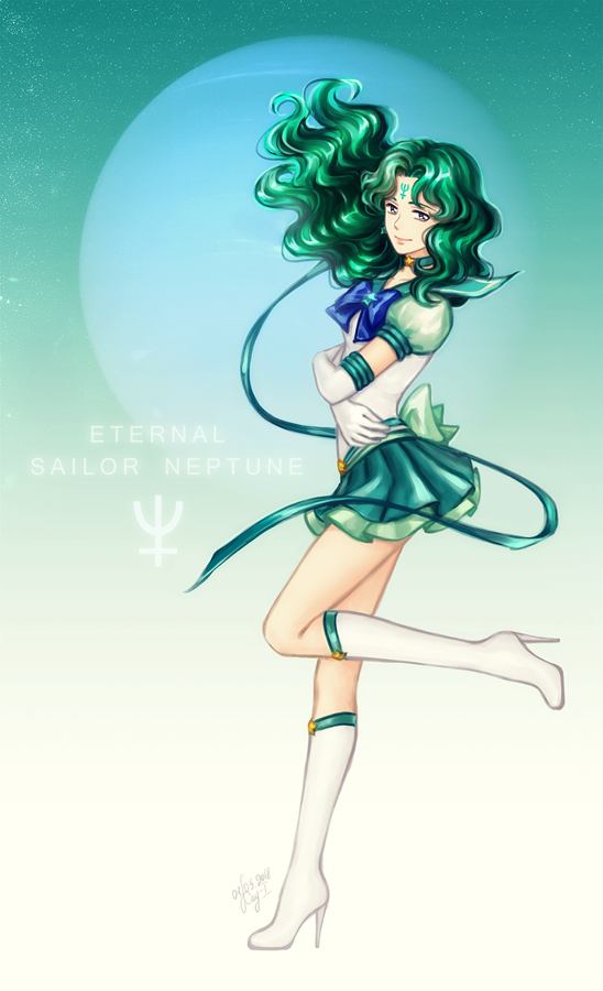 1girl back_bow bangs bishoujo_senshi_sailor_moon blue_bow blue_eyes boots bow brooch character_name choker closed_mouth elbow_gloves elena_ivlyushkina facial_mark forehead_mark full_body gloves gradient gradient_background green green_background green_bow green_hair green_neckwear green_ribbon green_sailor_collar green_skirt jewelry kaiou_michiru knee_boots layered_skirt light_smile long_hair looking_at_viewer magical_girl neptune_(planet) neptune_symbol object_namesake parted_bangs pleated_skirt puffy_sleeves ribbon sailor_collar sailor_neptune sailor_senshi_uniform skirt solo standing standing_on_one_leg star star_choker super_sailor_neptune_(stars) wavy_hair white_background white_footwear white_gloves