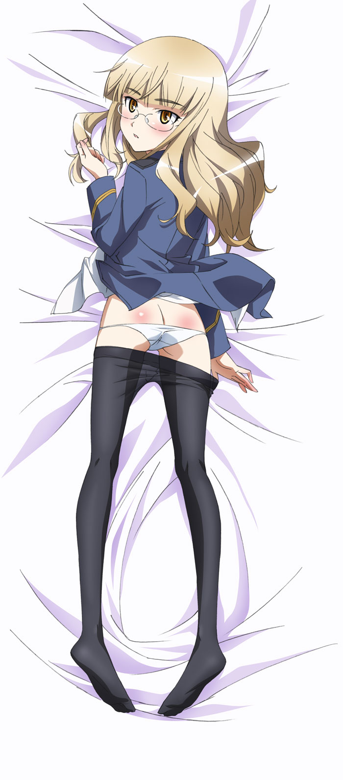 ass blonde_hair blush crotch_seam dakimakura full_body glasses highres long_hair long_sleeves lying military military_uniform non-web_source on_stomach panties pantyhose pantyhose_pull perrine_h_clostermann solo strike_witches underwear uniform world_witches_series yellow_eyes
