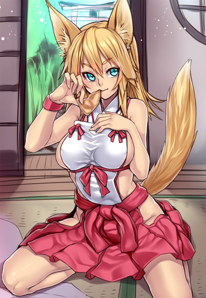 aburaage animal_ears bare_legs bare_shoulders blonde_hair blue_eyes blush bracelet breasts eating food food_in_mouth fox_ears fox_tail hakama_skirt hand_on_own_chest hip_vent houtengeki indoors japanese_clothes jewelry large_breasts long_hair looking_away miko naked_tabard no_panties original sideboob sitting skirt solo tabard tail tatami torii wariza