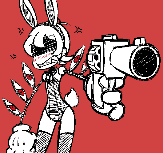 aiming_at_viewer angry animal_ears bad_id bad_pixiv_id blush bunny_ears bunny_tail bunnysuit embarrassed fake_animal_ears gias-ex-machella gloves gun hairband mechanical_arms nose_blush peacock_(skullgirls) red red_background shaded_face sharp_teeth short_hair simple_background sketch skullgirls solo tail teeth thighhighs weapon