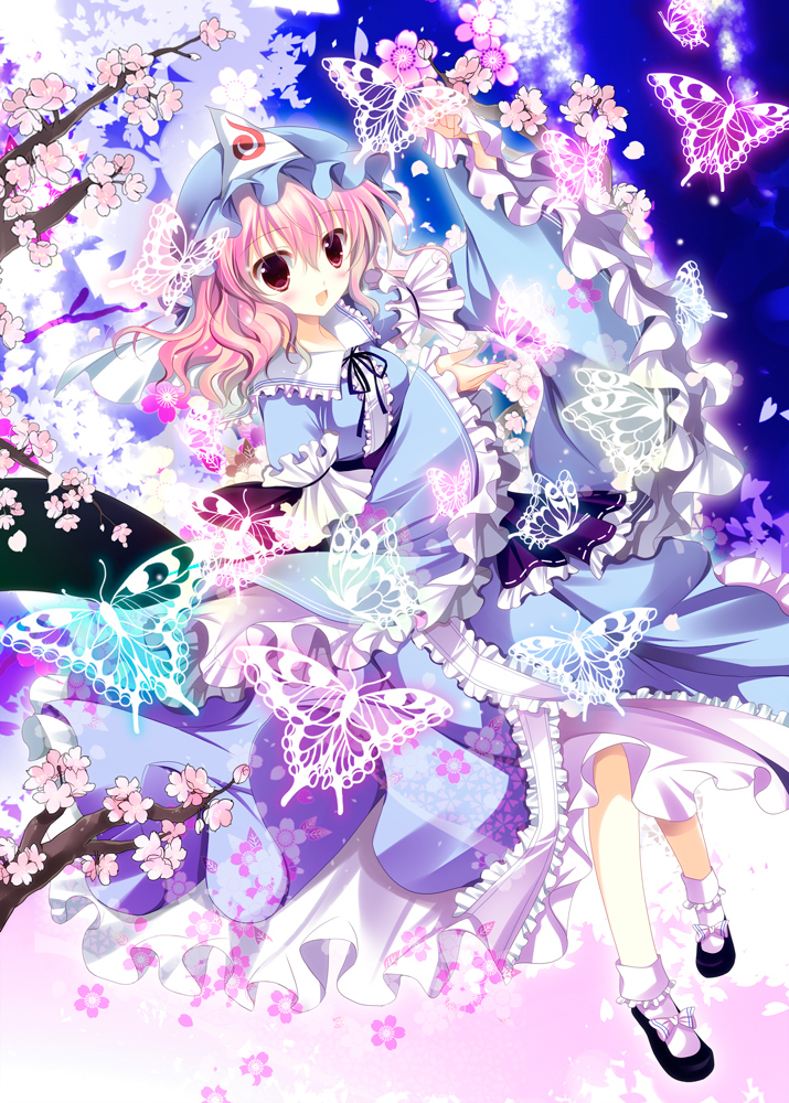 :d blush bug butterfly cherry_blossoms hat insect japanese_clothes looking_at_viewer open_mouth pink_hair red_eyes ribbon saigyouji_yuyuko shirogane_hina short_hair smile solo touhou triangular_headpiece