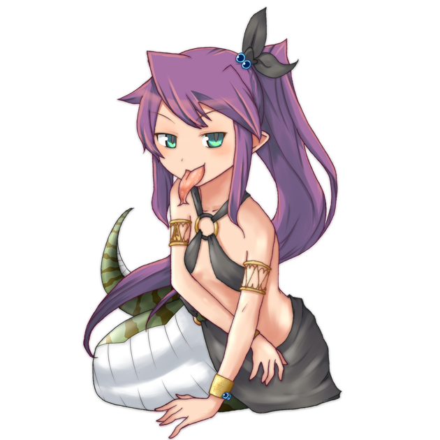 armlet bare_shoulders black_skirt bracelet flat_chest forked_tongue green_eyes jewelry keto_(funrei_doryoku) lamia long_hair long_tongue looking_at_viewer mon-musu_quest! monster_girl o-ring o-ring_bottom o-ring_top pointy_ears ponytail purple_hair skirt smile solo tiny_lamia_(mon-musu_quest!) tongue tongue_out transparent_background very_long_hair